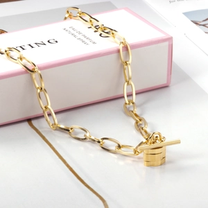 18k gold plated chunky chain necklace with minimalist lock pendant and toggle clasp