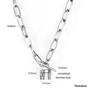 Macro view of stainless steel padlock necklace showing 8mm chain width and 45cm length
