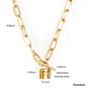 18k gold plated stainless steel lock pendant necklace with 8mm thick chain and T-bar clasp