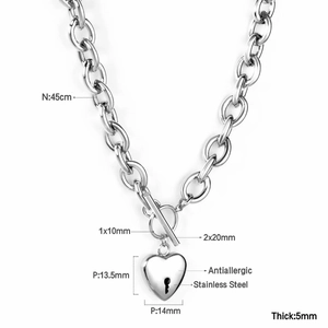 Detail view of heart lock pendant necklace with 45cm chain and T-bar clasp measurements