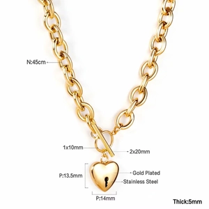 Gold-plated stainless steel chain necklace with heart pendant and OT toggle clasp closure