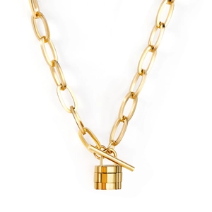 Chunky gold stainless steel link chain necklace with heart lock pendant and OT toggle clasp