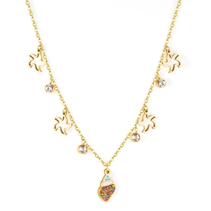 Collana dorata con stelle marine, pendente a conchiglia e strass colorati su bianco