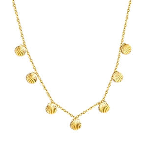 Gold shell pendant necklace with seven seashell charms on a minimalist metal chain