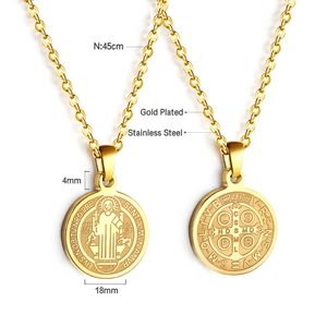 Saint Benedict Medal Necklace Stainless Steel Double Sided Round Religious Pendant Hip Hop Style Unisex Jewelry
