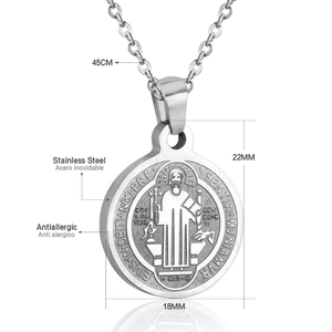 Silver stainless steel Saint Benedict medal necklace with detailed round pendant and O-chain