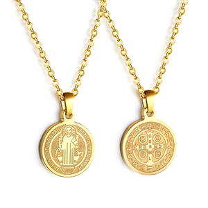 Double-sided gold St. Benedict medal pendant necklace in polished stainless steel