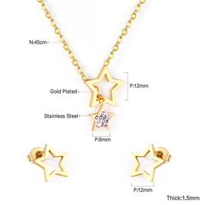Parure collier et boucles d'oreilles étoiles en acier inoxydable doré et cristaux