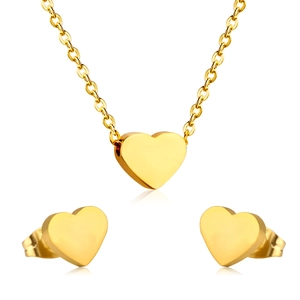 Polished golden heart jewelry set with pendant necklace and matching stud earrings