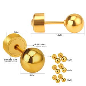 Gold plated stainless steel stud earrings in 3mm 4mm 5mm sizes for women's daily wear