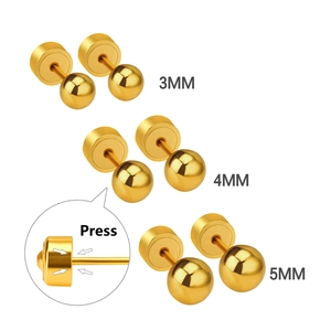 Golden titanium steel ball stud earrings in 3mm, 4mm, 5mm sizes with press-lock backing