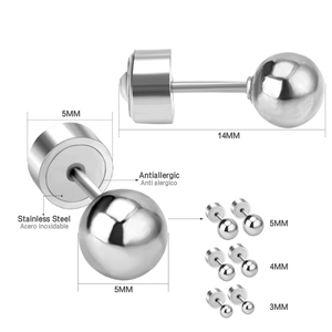Detailed view of surgical stainless steel ball stud earrings with screw back and dimensions