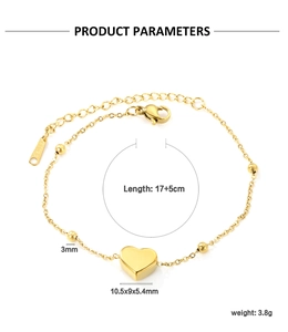 Dettagli del bracciale con cuore in acciaio dorato 18K con perline da 3mm e misure