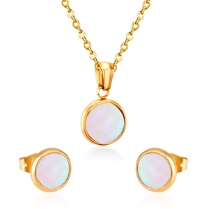 Collier Et Boucles D'Oreilles En Acier Inoxydable Plaqué Or Avec Nacre Blanche Ronde Elégant Minimaliste Femme