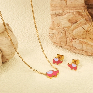 Parure bijoux éléphant rose avec collier doré et boucles d'oreilles pour femme