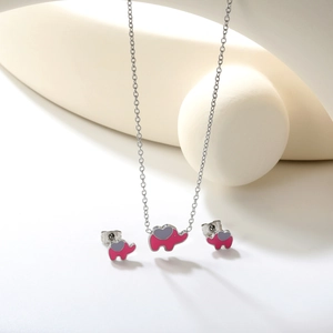 Parure bijoux éléphant rose avec collier argenté et boucles d'oreilles pour femme