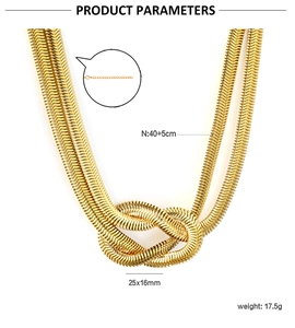 Vue détaillée du collier maille serpent dorée avec pendentif nœud et dimensions incluses