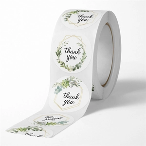 Floral round thank you stickers roll with green leaf wreath and gold geometric frame