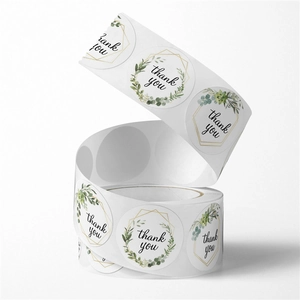 Floral thank you stickers roll with green leaves and gold frames for wedding decor