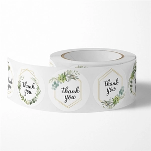 Floral round thank you stickers roll with succulent patterns and gold frames for weddings