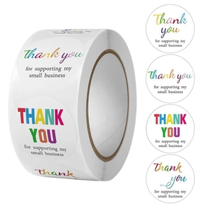 Detail of round rainbow thank you stickers for gift packaging and small business sealing