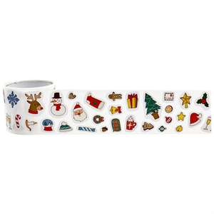 Detail of adhesive Christmas stickers roll featuring Santa, reindeer and holiday patterns
