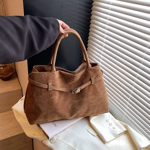 Large Tote Handbag Matte Suede Retro Belt Buckle Detail Minimalist Niche Design Commuter Shoulder Bag For Women