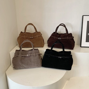 Retro matte suede tote bags in four neutral colors with metal buckle and top handles