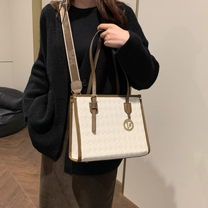 Women's large tote bag with retro print, contrast leather trim and jacquard strap