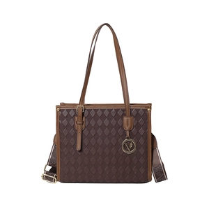 Brown vintage printed tote bag with diamond pattern, dual straps and metallic V logo pendant