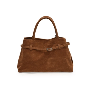 Vintage brown suede tote bag with metal buckle and large capacity for commuting