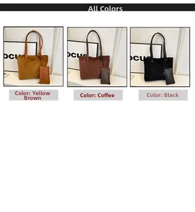 Three colors of faux suede tote bags including brown, coffee, and black with small pouches