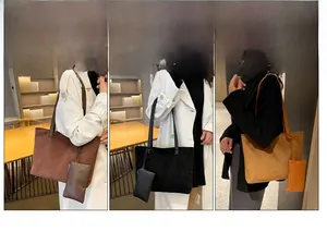 Three-frame view showing large faux suede tote bag and matching pouch in various colors