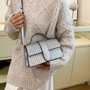 Silver woven texture crossbody bag with shoulder strap held by model in neutral setting
