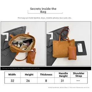 Detailed size chart and capacity display for a brown faux suede tote bag