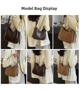 Présentation du sac seau rétro avec large bandoulière tissée sous différents angles