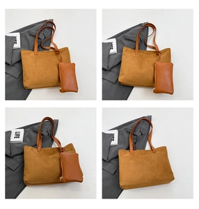 Detailed views of caramel suede tote bag set with matching small inner pouch