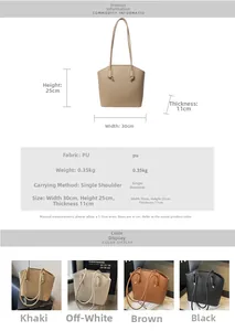Detailed size chart and multi-color view of minimalist PU leather bucket shoulder bag