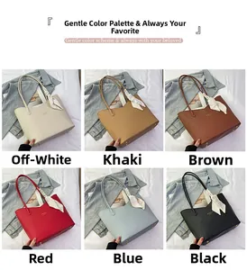 Detailed grid view showcasing various colors of leather tote bags with silk scarves