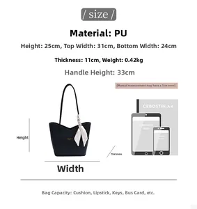 Detailed size chart for black PU tote bag showing dimensions and capacity with iPad comparison