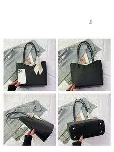 Detailed views of black leather tote bag with silk scarf and gold studs from multiple angles