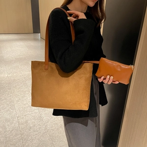 Brown suede tote bag for women with matching zipper pouch for casual daily use