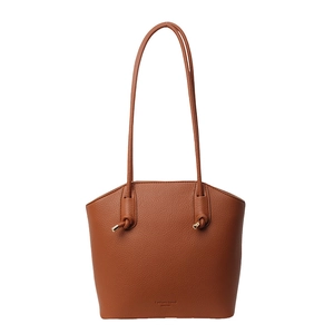 Brown faux leather bucket tote bag with knot details and large capacity for daily use