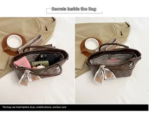 Dettaglio della borsa tote a scacchi marrone che mostra struttura interna, capacità e sciarpa