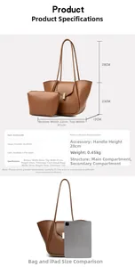 Ensemble de sacs bruns avec comparaison iPad et spécifications de dimensions