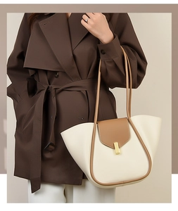 Détail du cabas élégant beige et marron avec design aile et boucle dorée chic