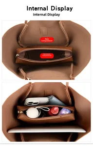 Vue détaillée de l'affichage interne spacieux et de la pochette intérieure du sac cabas