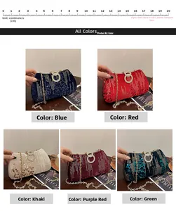 Detail view of colorful sequin evening bags with sparkling texture and metal chain