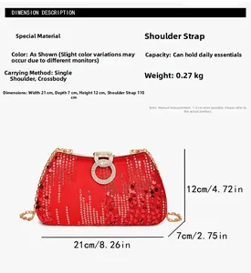 Detailed size guide for red sequined evening bag with chain strap and lock dimensions