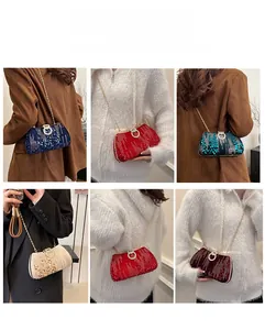 Detailed views of sequined evening clutch bags in multiple colors with chain straps